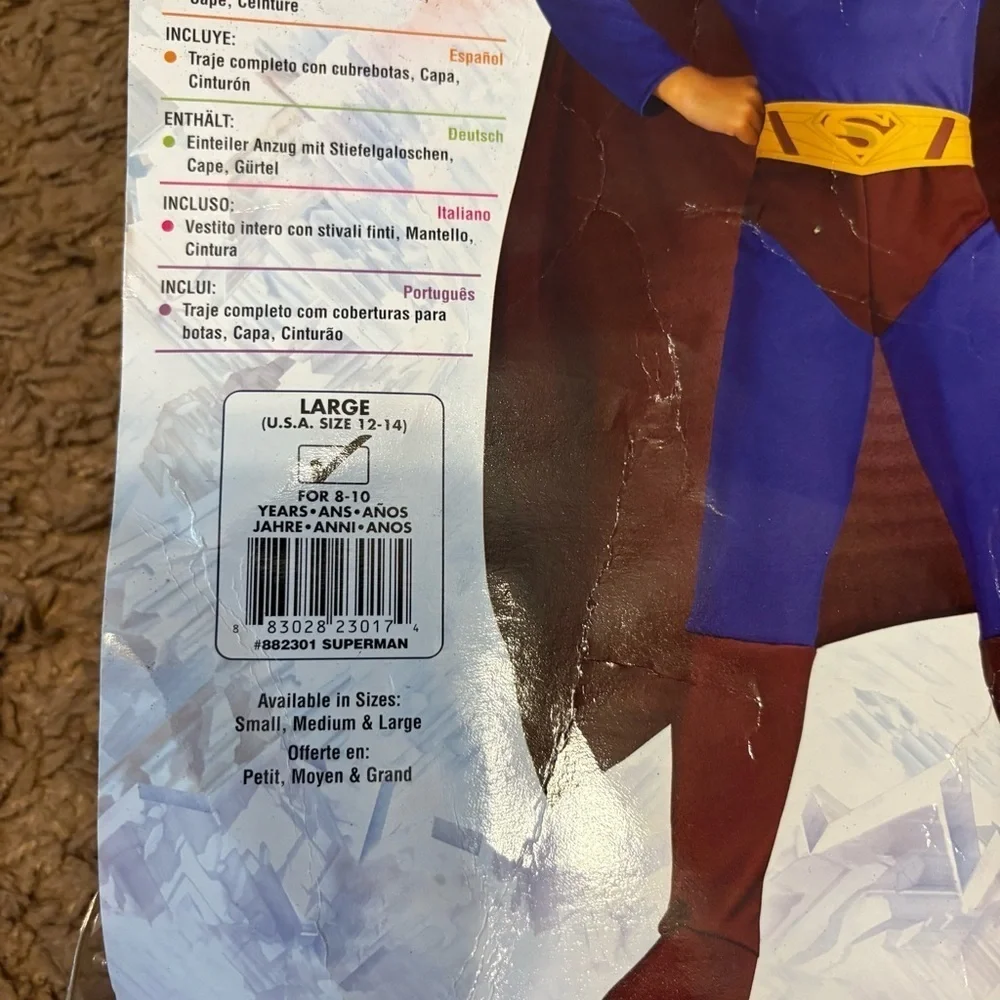 Superman Kids Costume W/ Cape Large Blue Red Super Hero Halloween